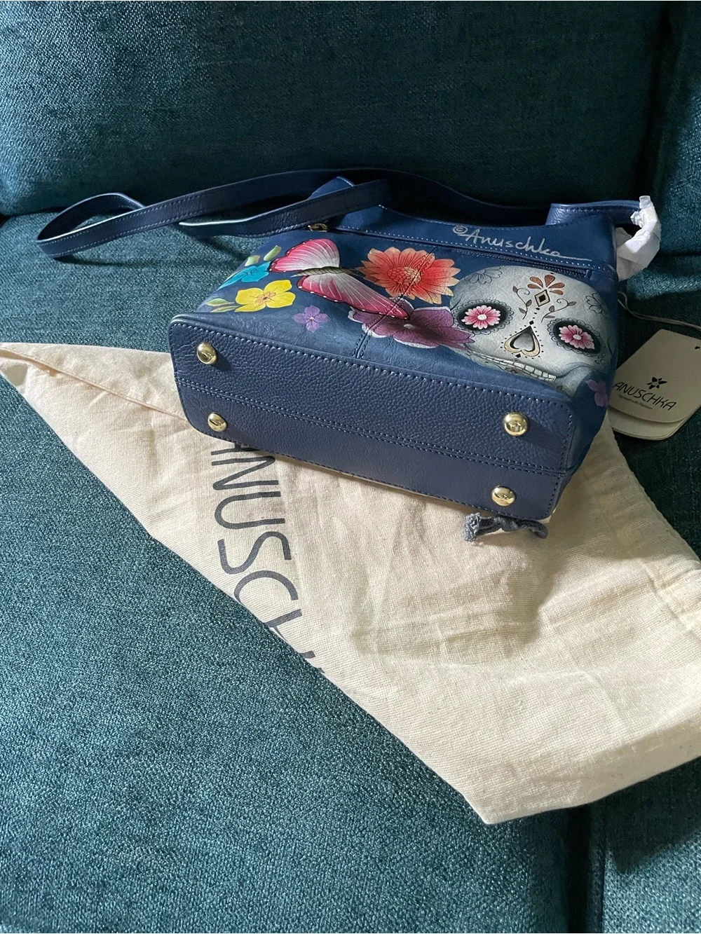 Anuschka Navy Crossbody with Colorful Floral & Sugar Skull Art